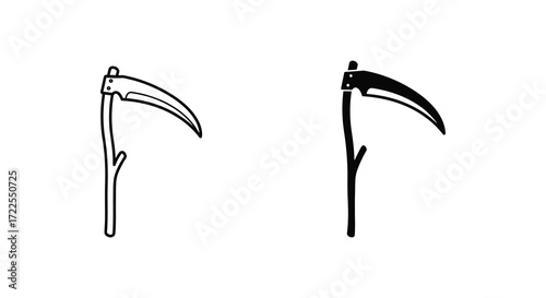 Two black and white depictions of traditional scythes on a white background