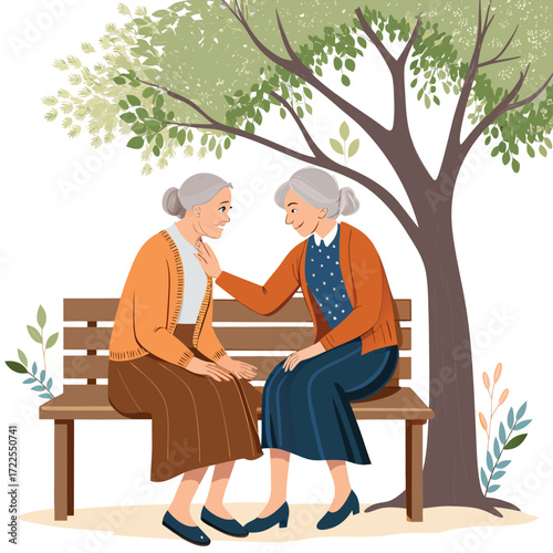Vector art of two elderly women sitting on a bench under a tree, showing empathy and support to each other in senior age