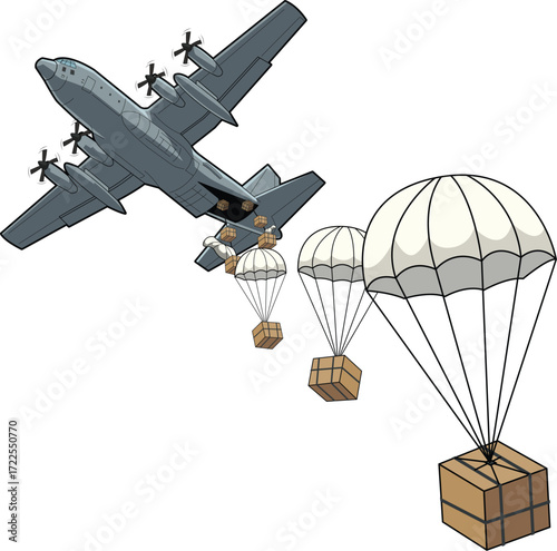 Humanitarian Aid Airdrop with Parachutes Vector Illustration