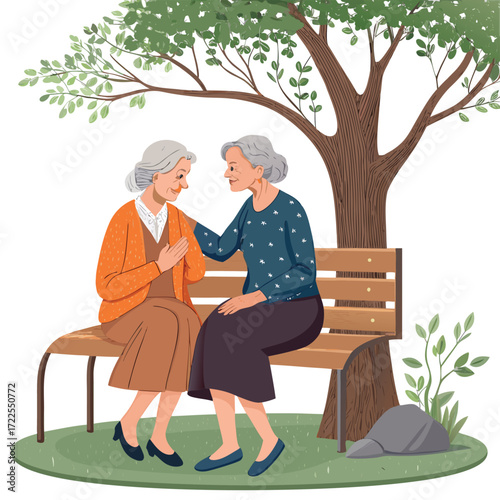 Vector art of two senior women sitting on bench under tree comforting each other, offering support and understanding