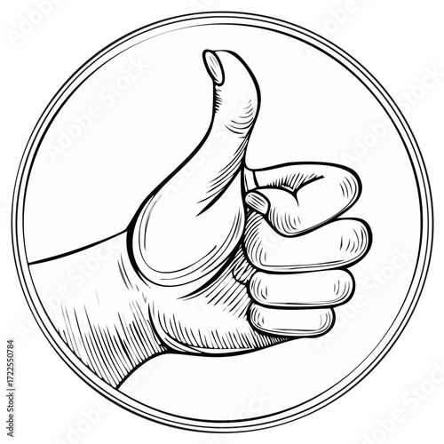 Black and white illustration of a hand giving a thumbs-up inside a circle