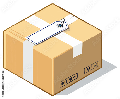 Cardboard Box with White Tape and Label Tag ready for shipping isolated on background