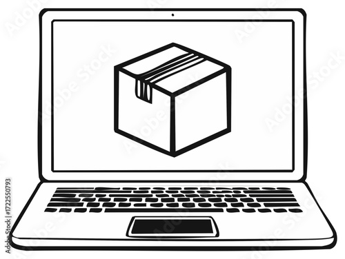 Laptop Displaying Delivery Package Online Ordering and Electronic Commerce Concept Line Art Style