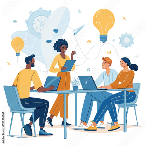 Vector art of a diverse team is collaborating on a project, brainstorming ideas, and developing innovative solutions in a modern office environment