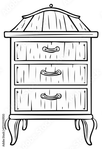 Hand-drawn wooden chest of drawers outline with ornamental legs.