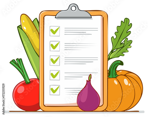 Vegetables and a clipboard with checklist, perfect for harvest or healthy eating plans.