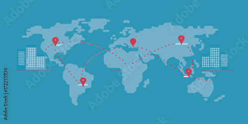 Global business connections and logistics illustrated with a world map and city buildings