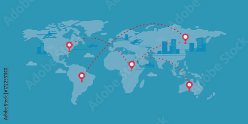 Global network of connections and travel routes shown on a world map with city skylines and airplanes