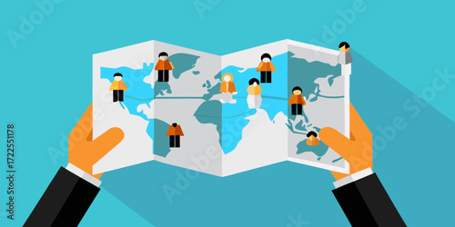 Hands holding a world map with diverse people icons representing global population distribution and connectivity