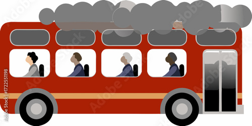Passengers on a double decker bus enveloped in thick grey smoke from a malfunction