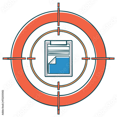 Clipboard document in target crosshairs for focus on information and data analysis