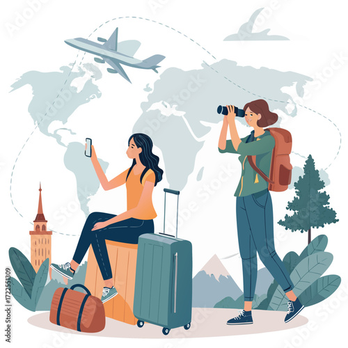 Vector art of two female travelers are exploring the world, one is taking photos with binoculars, and the other is using a smartphone to plan their trip