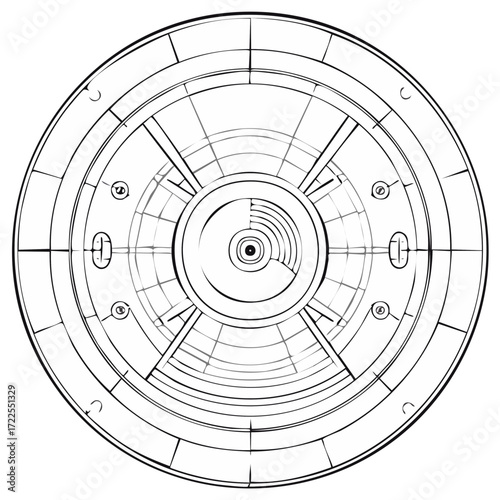 Abstract Circular Mechanical Device Blueprint Drawing