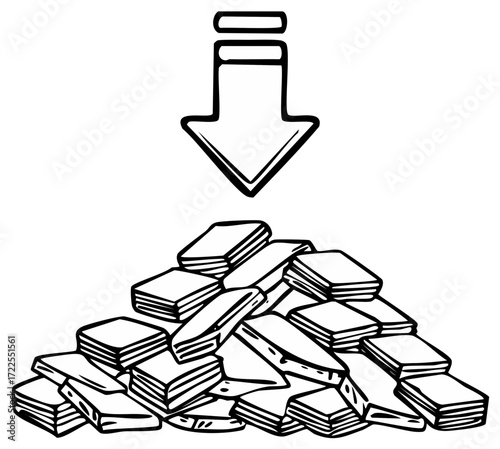 Downward Arrow Pointing to a Pile of Rectangular Objects; Graphic Symbol for Decrease