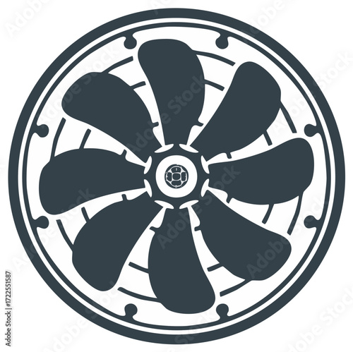 Stylized turbine fan or propeller emblem with ornamental circular border