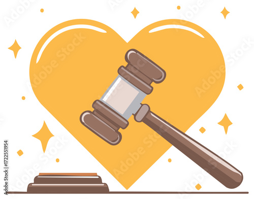 Legal matters of the heart illustration with judge gavel and golden heart shape