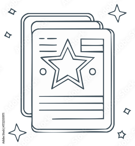 Line art illustration of collectible trading cards with a star symbol and sparkles