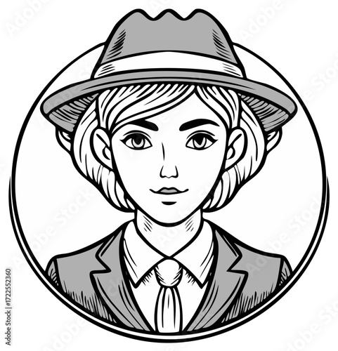 Stylized Portrait of a Woman in a Fedora and Suit with a Tie