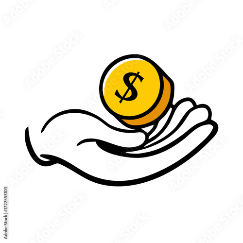 A simple line art icon of a hand holding two coins with a dollar sign. This icon is ideal for websites and blogs about financial services, donations, charity, or fundraising campaigns.

