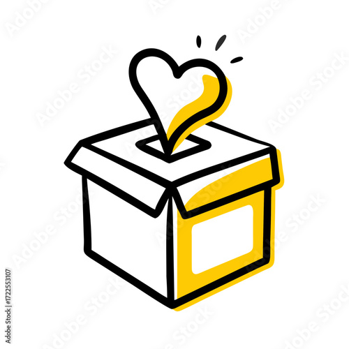 A hand-drawn doodle icon of a donation box with a heart dropping into the slot, highlighted in yellow. Ideal for websites or blogs about charity, fundraising, voting, or community giving.

