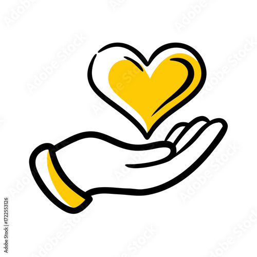 A hand-drawn doodle icon showing a hand holding a yellow heart. Excellent for websites or blogs about charity, donation, support, care, health, love, or community services.

