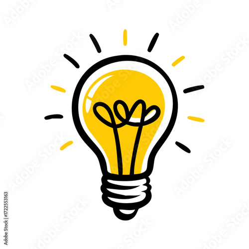 A hand-drawn doodle icon of a bright yellow light bulb with glowing rays. Perfect for websites or blogs about ideas, innovation, solutions, creativity, energy, or education.

