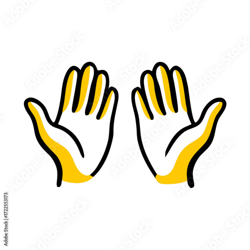 A minimalist, bold line art icon of two open hands with yellow accents. Suitable for websites or blogs about greetings, prayer, donation, support, help, or communication.

