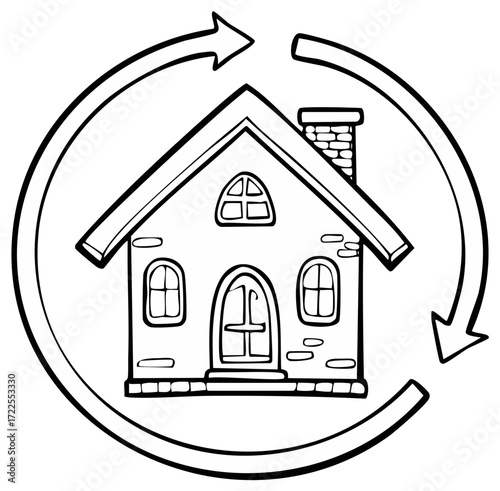 Hand drawn house icon with circular arrows for real estate cycle or home renovation