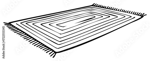 Abstract hand-drawn rug illustration with fringe, minimalist monochrome design element.
