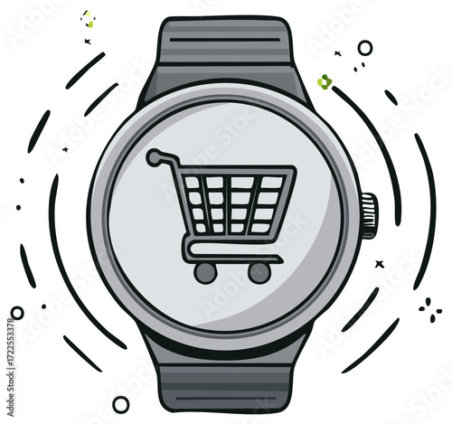 Doodle illustration of a smartwatch with a shopping cart symbol for online shopping and m-commerce