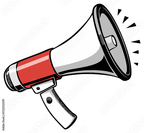 Retro megaphone device with red and silver body blasting sound waves