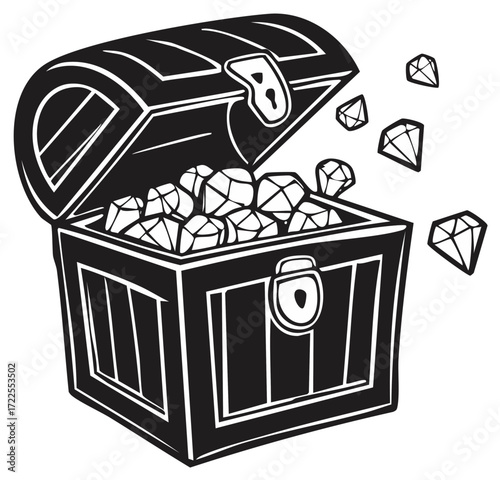 Open treasure chest overflowing with diamonds and gems in a black and white line art illustration.