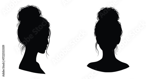 Silhouette of two women with updo hairstyles in profile view