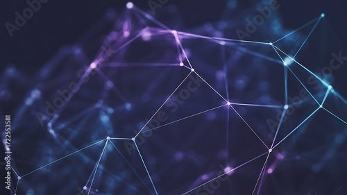 Abstract glowing network of interconnected lines and nodes in dark purple and blue hues creating a futuristic digital concept