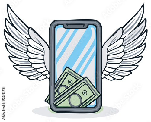 Mobile Phone with Wings and Money Bills Flying High into the Sky Representing Financial Freedom