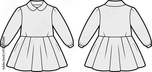 Elegant vintage long sleeve dress, Peter Pan collar, puffed sleeve fashion, gathered skirt, feminine retro clothing design, apparel illustration, garment style