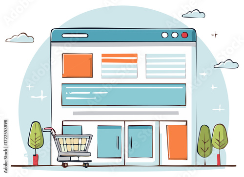 Online Store Concept Illustration with Shopping Cart and trees