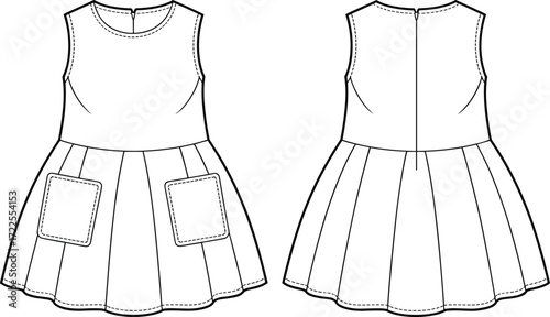 Flat sketch, sleeveless dress, fashion template, technical drawing, vector outline, garment design, apparel illustration, clothing pattern, dress front, dress back