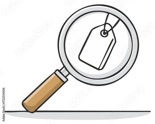 Magnifying glass examining a blank price tag, representing search for low prices or discounts, or the appraisal of value.