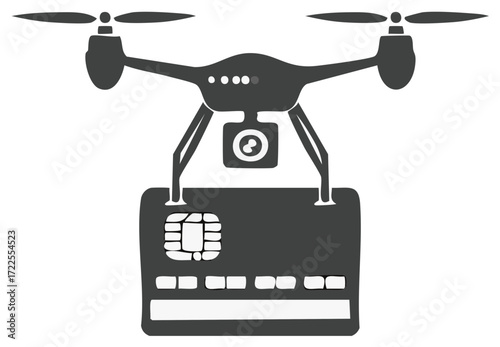 Drone delivering a credit card with integrated chip and camera for payment