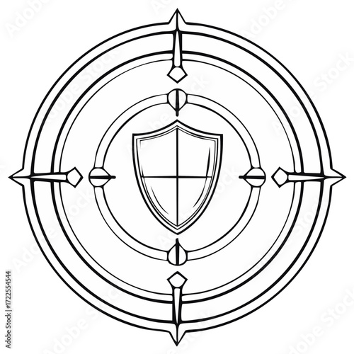 Mystical shield emblem with compass points black and white line art icon for fantasy games or heraldry