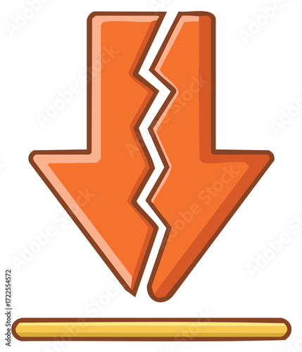 Broken orange arrow pointing downward with a jagged crack above a yellow horizontal bar illustration
