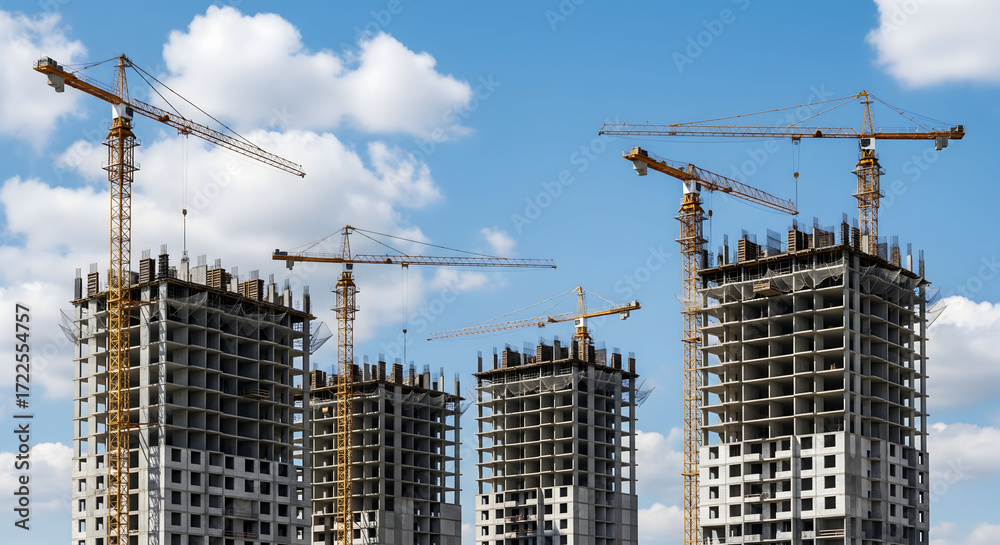 Fototapeta premium Tower cranes constructing modern high rise buildings against blue sky