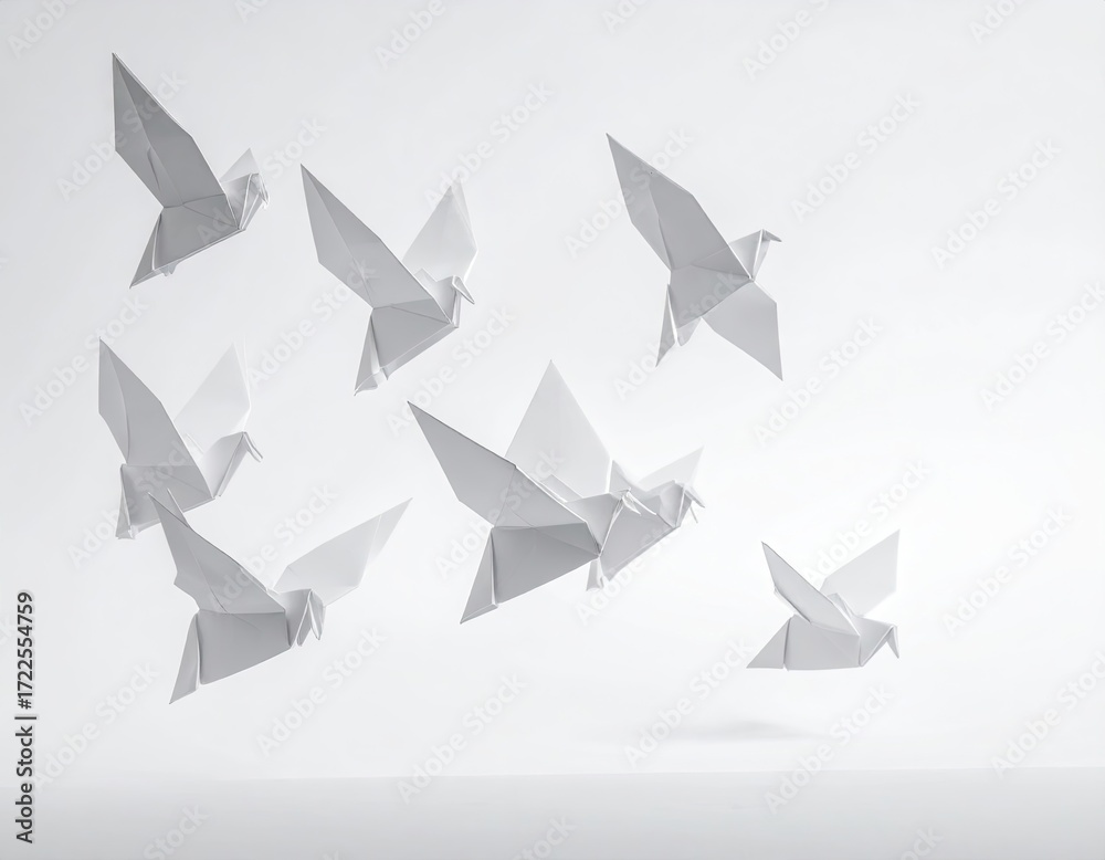 Fototapeta premium White Origami Birds in Flight Against White Background