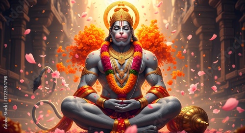 Lord hanuman meditating in a temple surrounded by flowers, a symbol of devotion and strength in hinduism