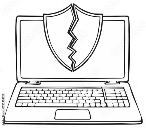 Laptop with Broken Shield Displaying Vulnerability and Security Risks in Hand Drawn Style