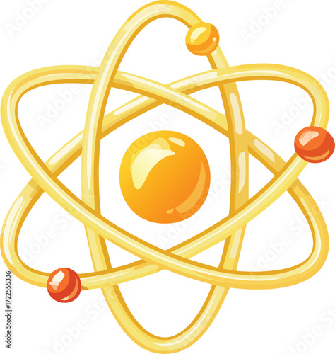 Illustration of a golden atom icon with a central nucleus and orbiting electrons, symbolizing science, physics, molecular structure, and nuclear energy research