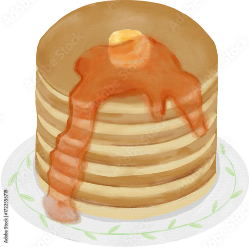 Pankaces with Jam or Maple Syrup Watercolor Illustration