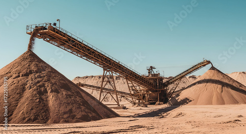 Dynamic conveyor belt system loading sand piles in desert landscape