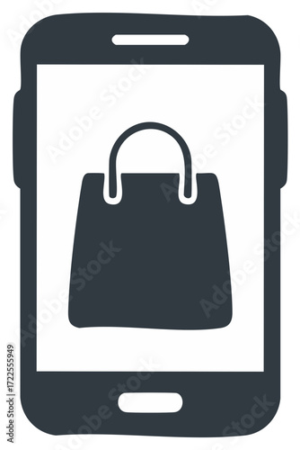 Shopping bag icon on smartphone screen. Online retail, mobile commerce, and app concepts.